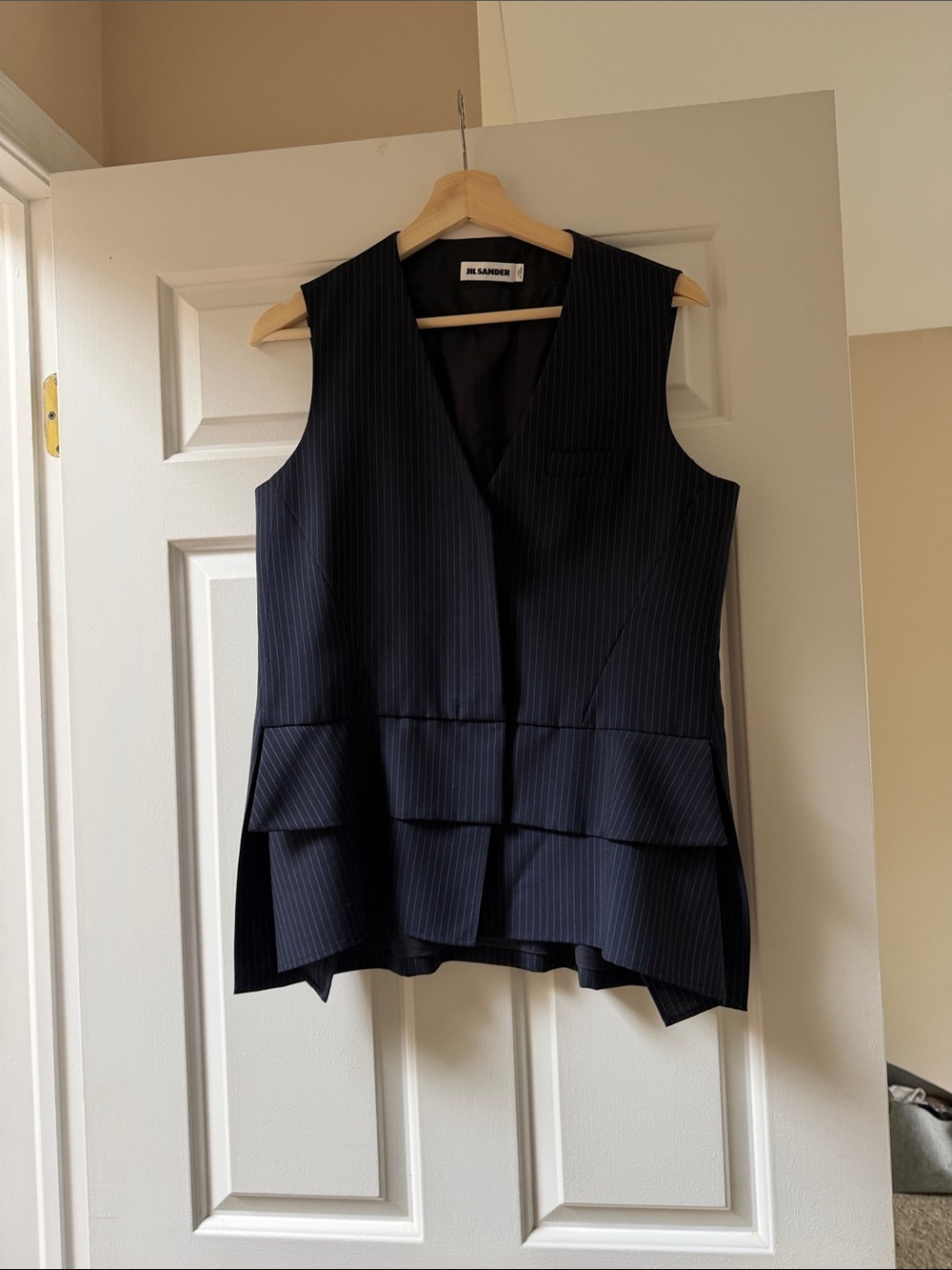 Jil Sander Navy Pinstripe Sleeveless Peplum Vest